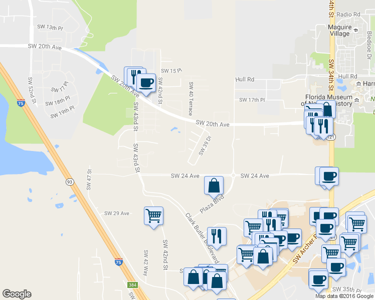 map of restaurants, bars, coffee shops, grocery stores, and more near 4005 Southwest 21st Lane in Gainesville