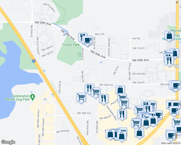 map of restaurants, bars, coffee shops, grocery stores, and more near 4211 Southwest 21st Place in Gainesville