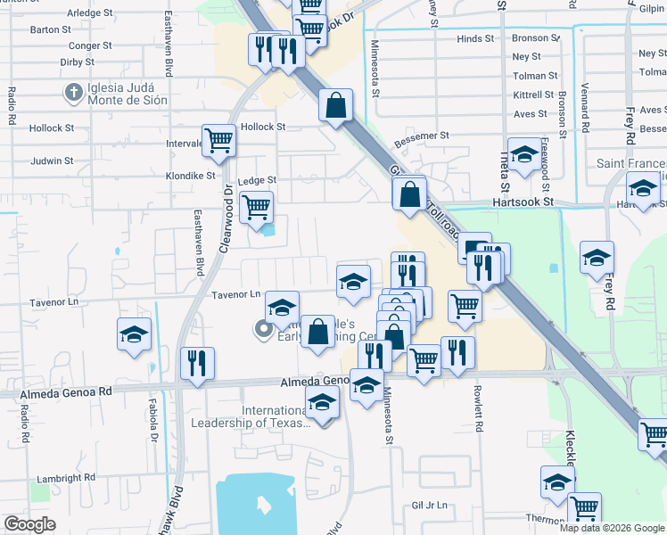 map of restaurants, bars, coffee shops, grocery stores, and more near 9511 Juniper Place Court in Houston