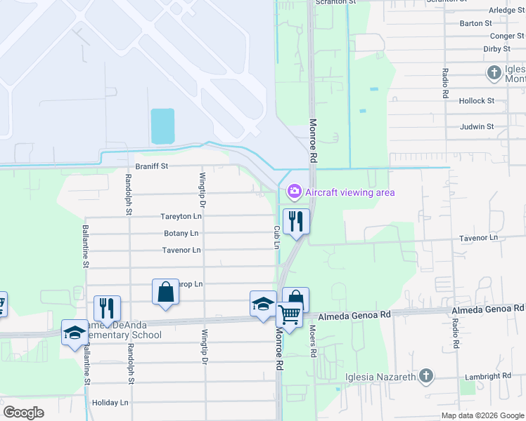 map of restaurants, bars, coffee shops, grocery stores, and more near 8432 Jet Pilot Street in Houston