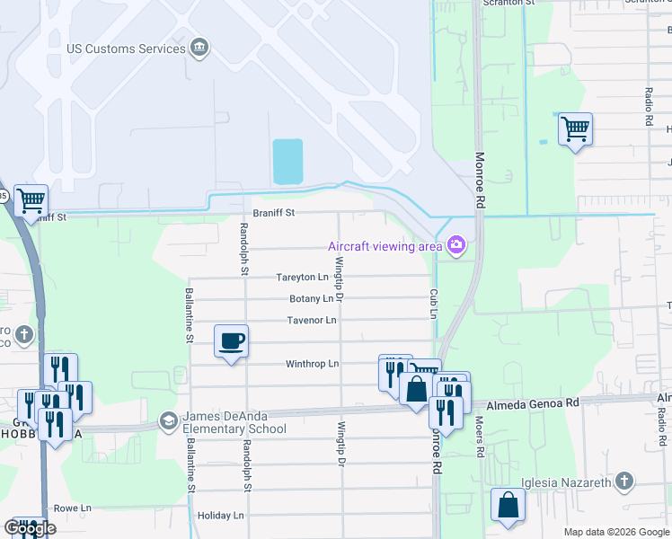 map of restaurants, bars, coffee shops, grocery stores, and more near 8302 Jet Pilot Street in Houston