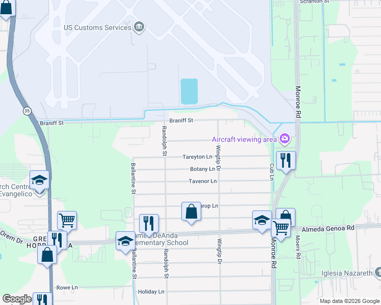 map of restaurants, bars, coffee shops, grocery stores, and more near 8142 Jet Pilot Street in Houston