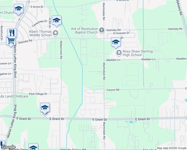 map of restaurants, bars, coffee shops, grocery stores, and more near 12032 Martindale Road in Houston