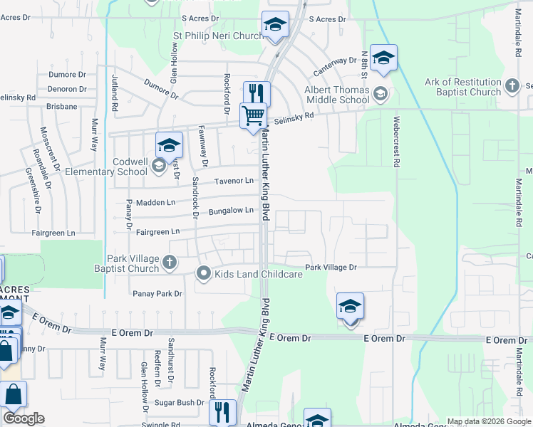 map of restaurants, bars, coffee shops, grocery stores, and more near 11715 Martin Luther King Boulevard in Houston