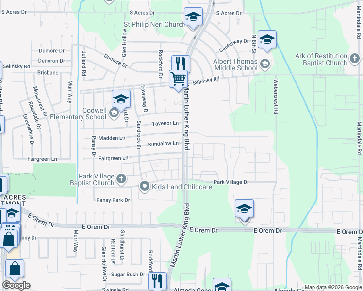 map of restaurants, bars, coffee shops, grocery stores, and more near 5431 Bungalow Lane in Houston