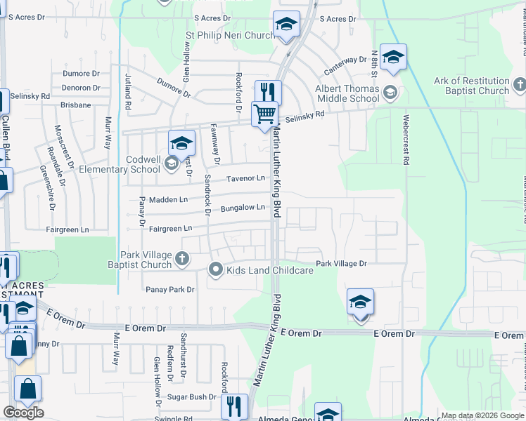 map of restaurants, bars, coffee shops, grocery stores, and more near 5431 Bungalow Lane in Houston