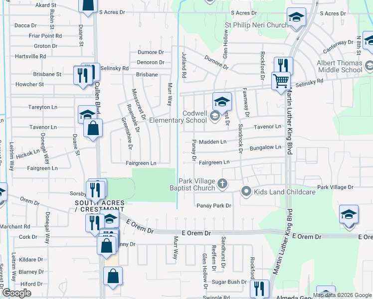 map of restaurants, bars, coffee shops, grocery stores, and more near 5122 Madden Lane in Houston