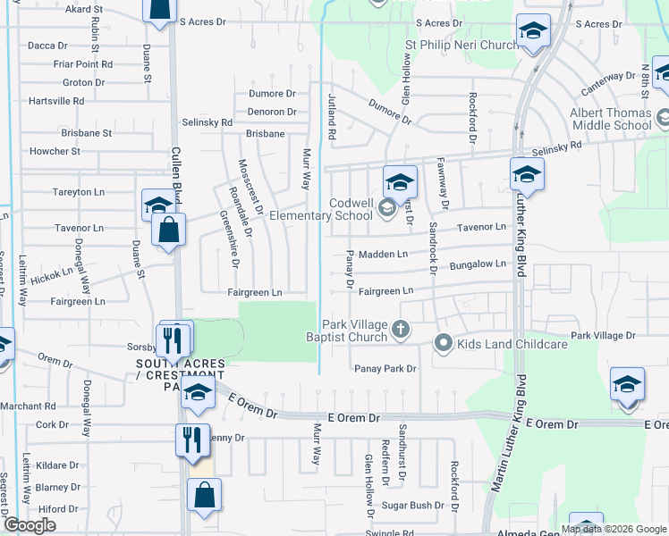 map of restaurants, bars, coffee shops, grocery stores, and more near 5122 Madden Lane in Houston