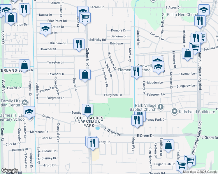 map of restaurants, bars, coffee shops, grocery stores, and more near 11939 Roandale Drive in Houston
