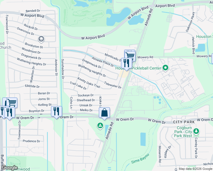 map of restaurants, bars, coffee shops, grocery stores, and more near 2710 Tidewater Drive in Houston