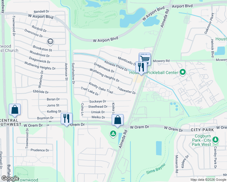 map of restaurants, bars, coffee shops, grocery stores, and more near 2802 Knotty Oaks Trail in Houston