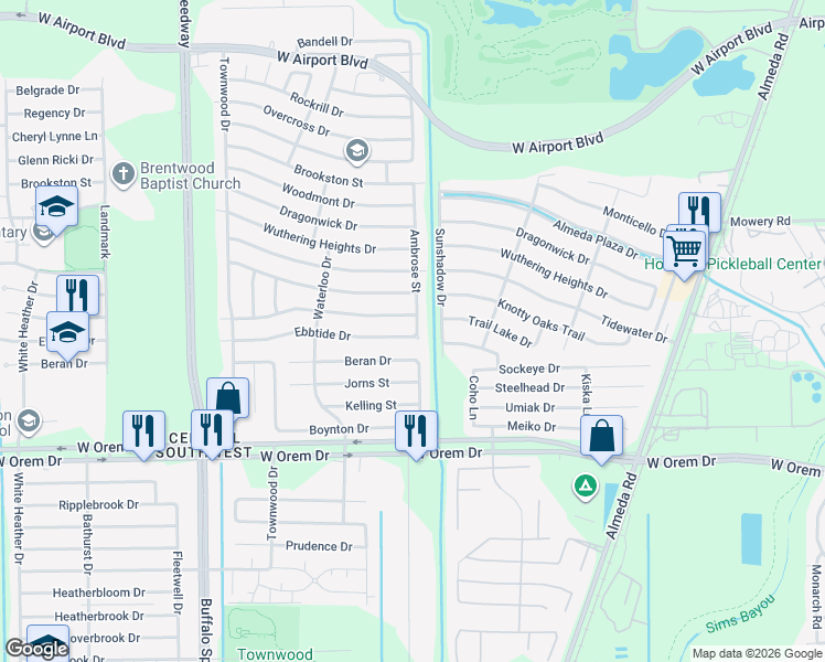 map of restaurants, bars, coffee shops, grocery stores, and more near 13427 Ambrose Street in Houston