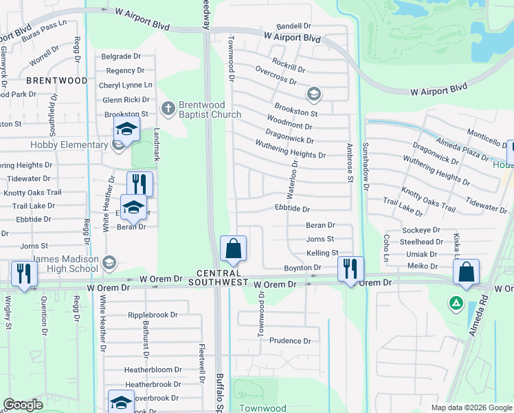 map of restaurants, bars, coffee shops, grocery stores, and more near 3411 Trail Lake Drive in Houston