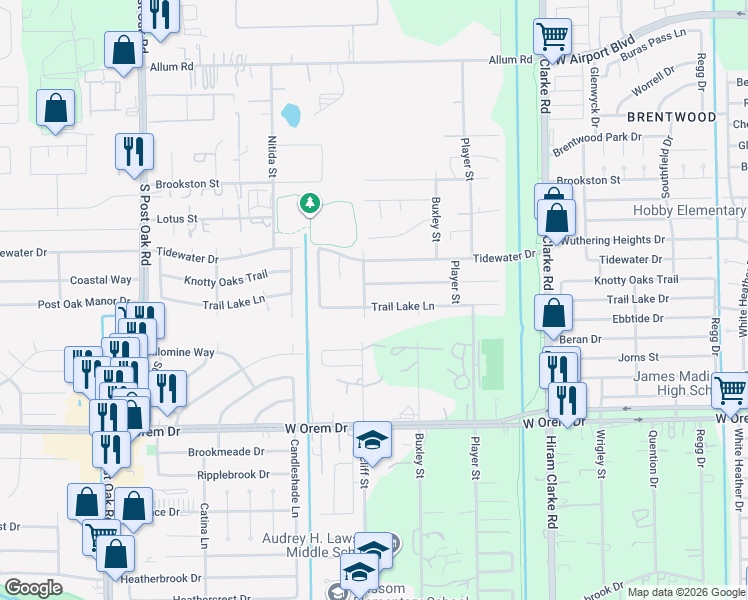 map of restaurants, bars, coffee shops, grocery stores, and more near 4847 Knotty Oaks Trail in Houston