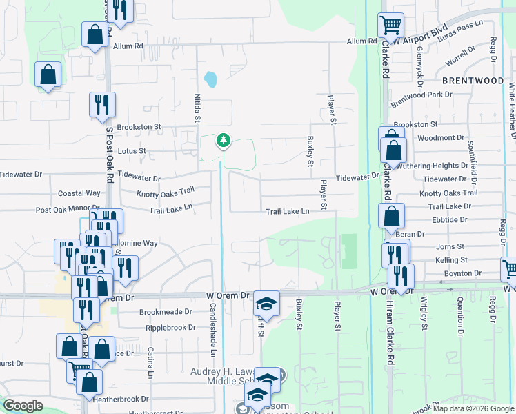 map of restaurants, bars, coffee shops, grocery stores, and more near 4847 Knotty Oaks Trail in Houston