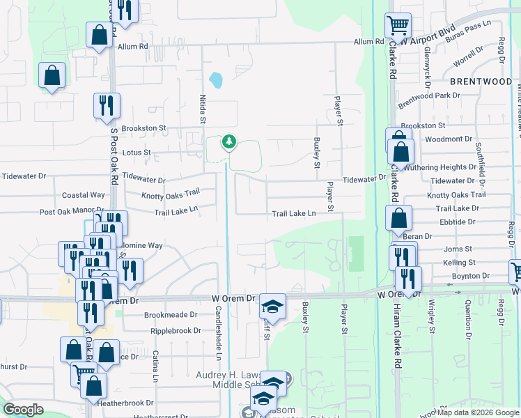 map of restaurants, bars, coffee shops, grocery stores, and more near 4847 Knotty Oaks Trail in Houston