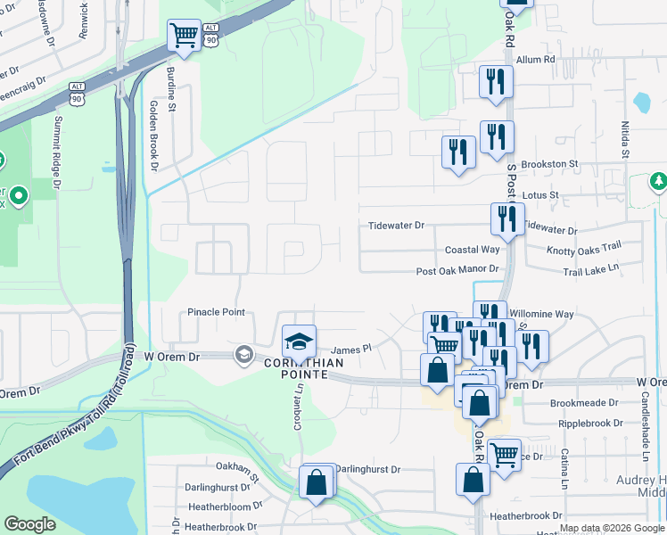 map of restaurants, bars, coffee shops, grocery stores, and more near 13114 Willow Landing Lane in Houston