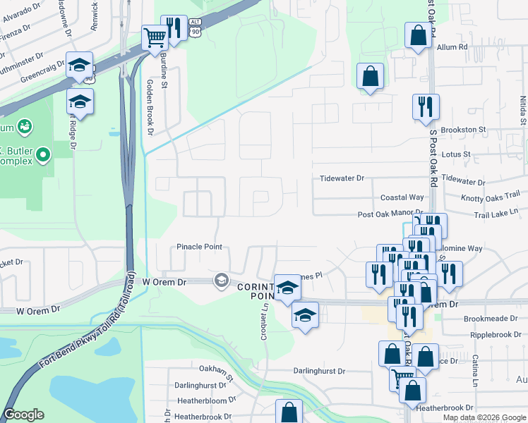 map of restaurants, bars, coffee shops, grocery stores, and more near 6003 Maypine Lane in Houston
