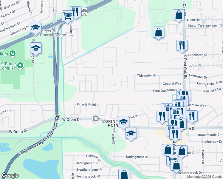 map of restaurants, bars, coffee shops, grocery stores, and more near 6003 Maypine Lane in Houston