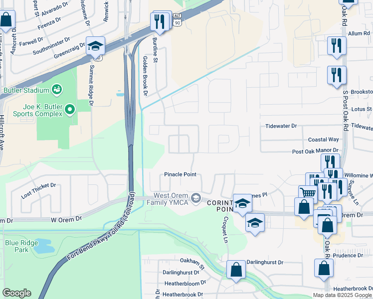 map of restaurants, bars, coffee shops, grocery stores, and more near 13122 Grassy Briar Lane in Houston