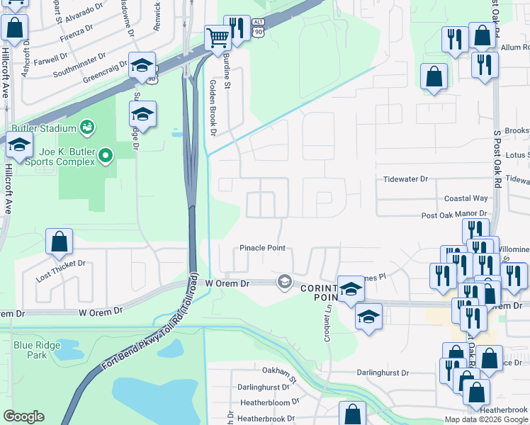 map of restaurants, bars, coffee shops, grocery stores, and more near 13118 Followfield Lane in Houston