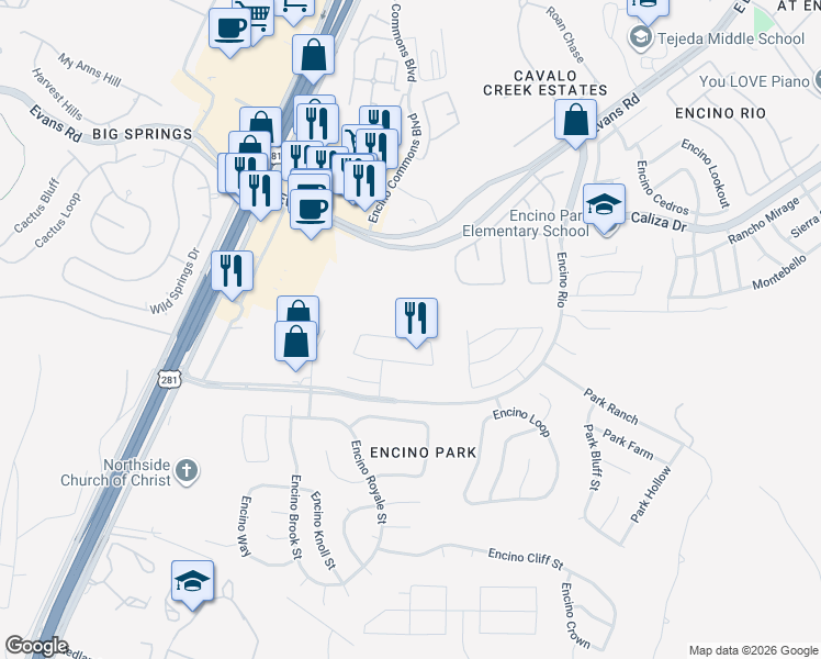 map of restaurants, bars, coffee shops, grocery stores, and more near 1921 Creek Mountain Street in San Antonio