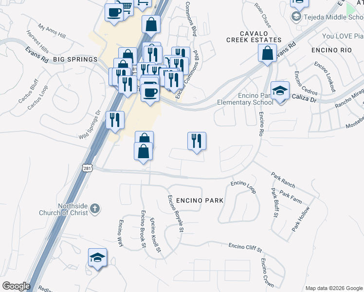 map of restaurants, bars, coffee shops, grocery stores, and more near 1921 Creek Mountain Street in San Antonio