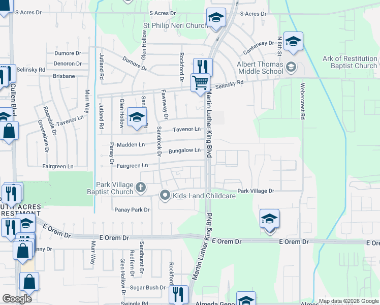 map of restaurants, bars, coffee shops, grocery stores, and more near 5339 Bungalow Lane in Houston