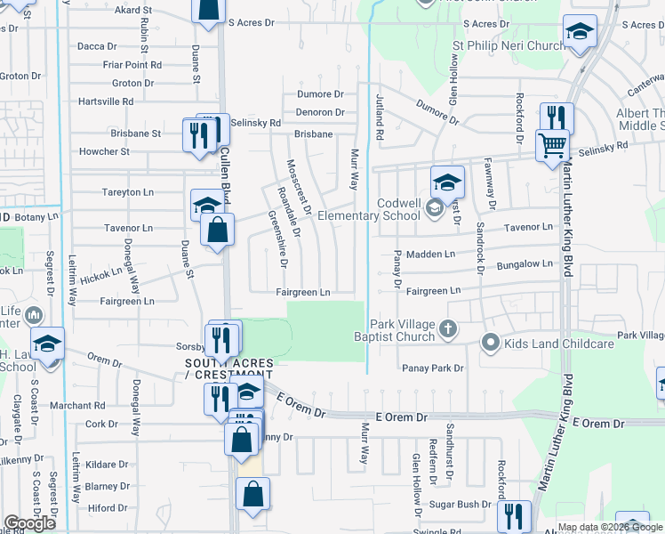 map of restaurants, bars, coffee shops, grocery stores, and more near 11806 Bay Cedar Drive in Houston