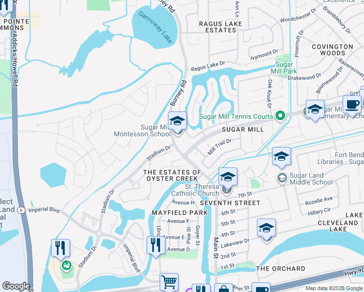 map of restaurants, bars, coffee shops, grocery stores, and more near 1110 Burney Road in Sugar Land