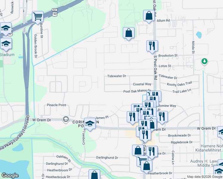 map of restaurants, bars, coffee shops, grocery stores, and more near 5819 Coastal Way in Houston