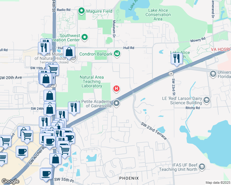 map of restaurants, bars, coffee shops, grocery stores, and more near 2708 Southwest Archer Road in Gainesville