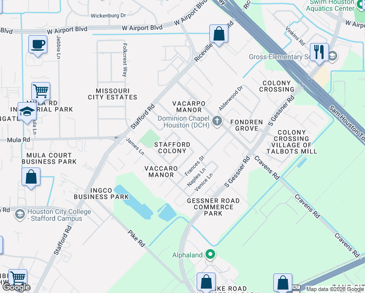 map of restaurants, bars, coffee shops, grocery stores, and more near 12914 Lindsey Lane in Stafford