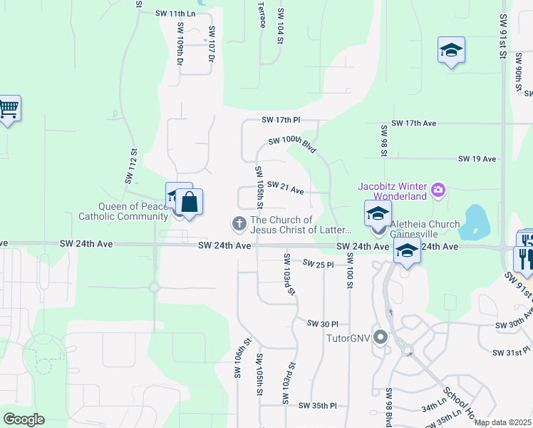 map of restaurants, bars, coffee shops, grocery stores, and more near 10411 Southwest 22 Avenue in Gainesville