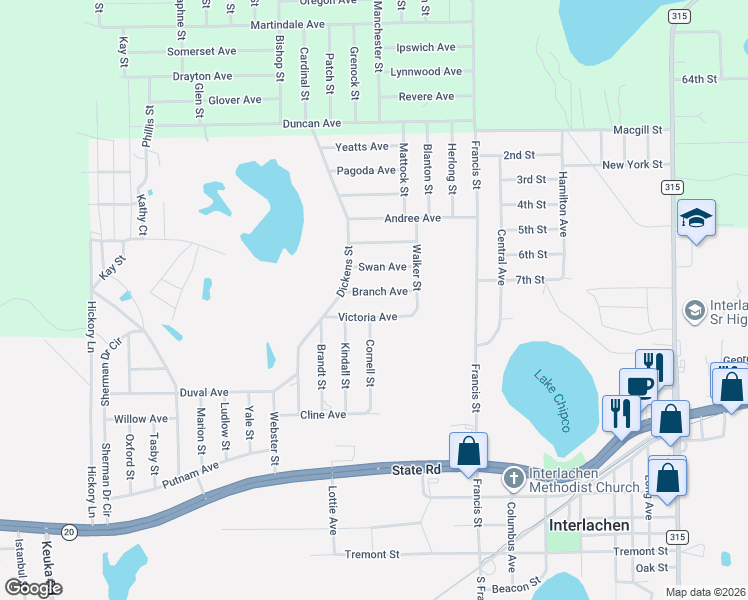 map of restaurants, bars, coffee shops, grocery stores, and more near 116 Long Branch Trail in Interlachen