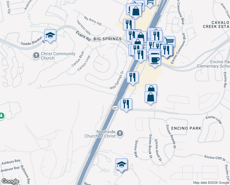 map of restaurants, bars, coffee shops, grocery stores, and more near 20526 Wild Springs Drive in San Antonio