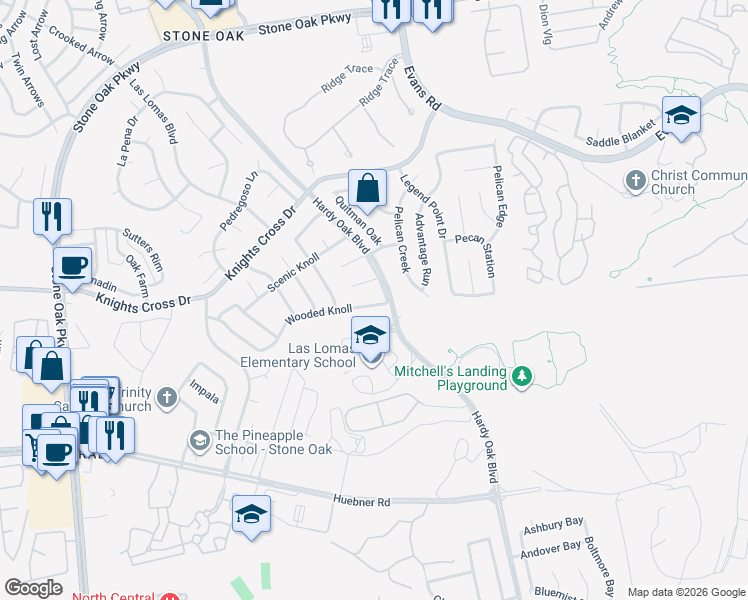 map of restaurants, bars, coffee shops, grocery stores, and more near 1310 Cougar Run in San Antonio