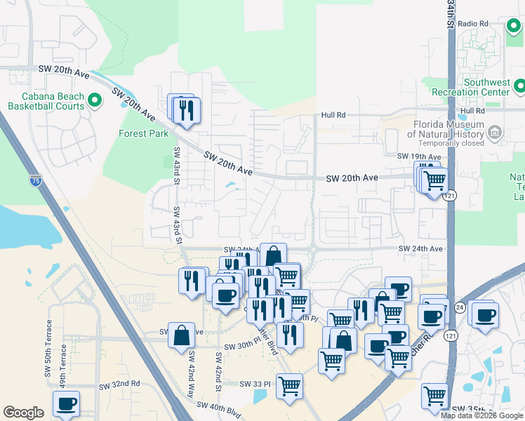map of restaurants, bars, coffee shops, grocery stores, and more near 4005 Southwest 21st Lane in Gainesville