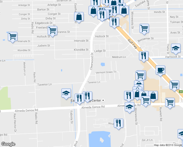 map of restaurants, bars, coffee shops, grocery stores, and more near 9473 Clearwood Drive in Houston