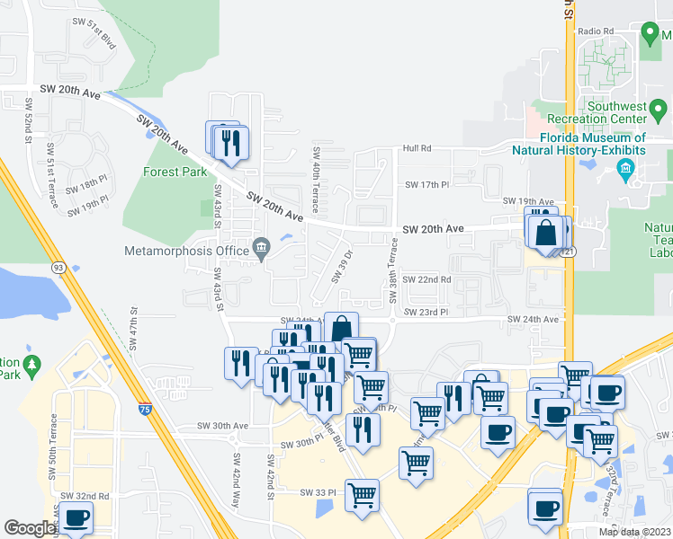 map of restaurants, bars, coffee shops, grocery stores, and more near 2150 Southwest 39 Drive in Gainesville