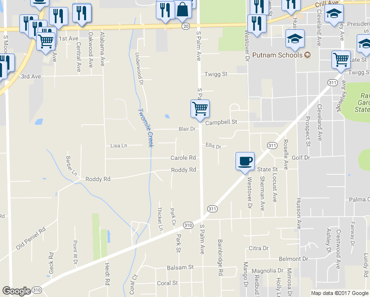 map of restaurants, bars, coffee shops, grocery stores, and more near 102 Parker Lane in Palatka