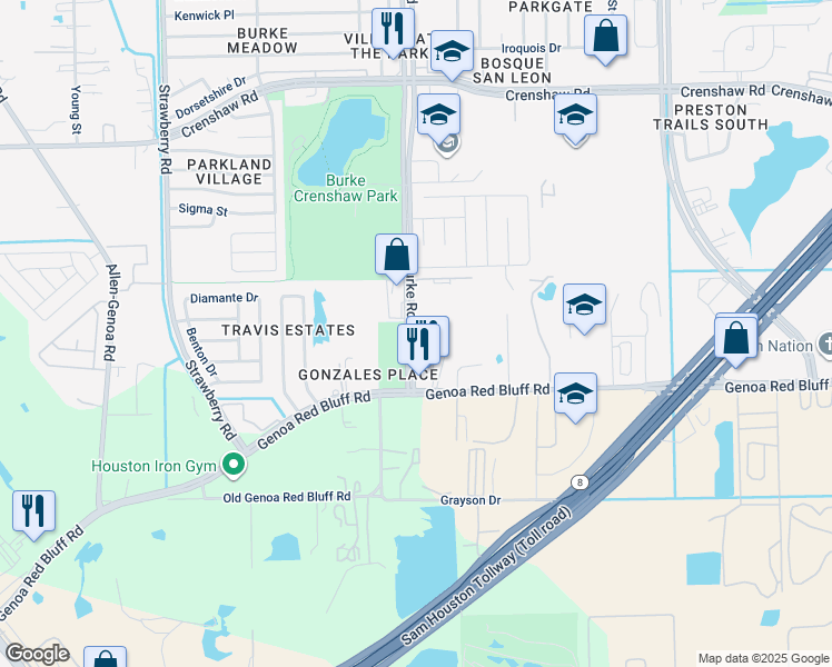 map of restaurants, bars, coffee shops, grocery stores, and more near 5055 Burke Rd in Pasadena