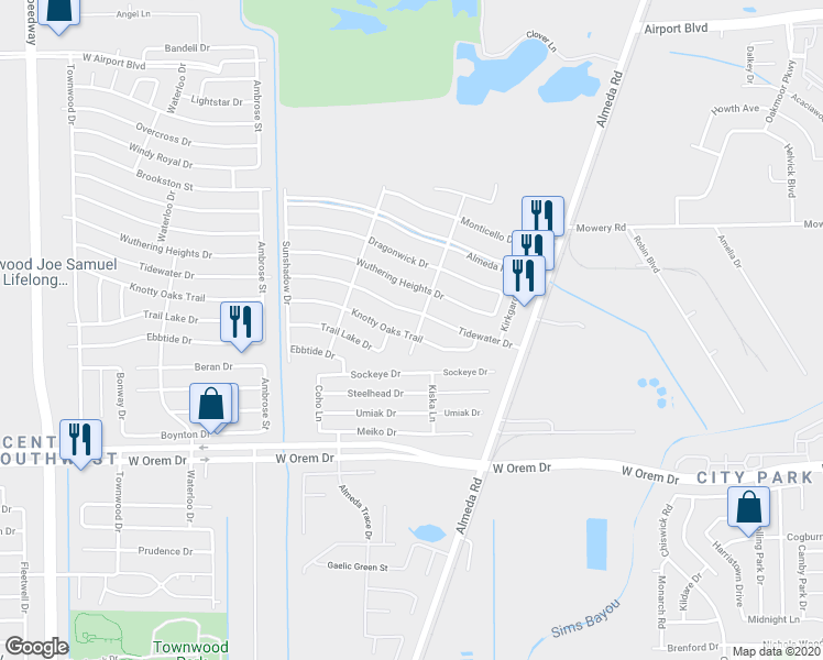 map of restaurants, bars, coffee shops, grocery stores, and more near 2802 Knotty Oaks Trail in Houston