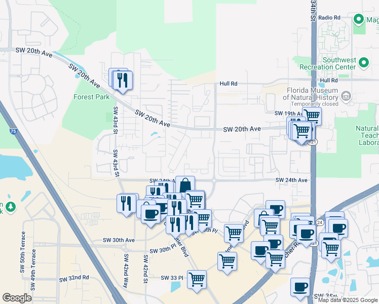 map of restaurants, bars, coffee shops, grocery stores, and more near 2127 Southwest 39 Drive in Gainesville