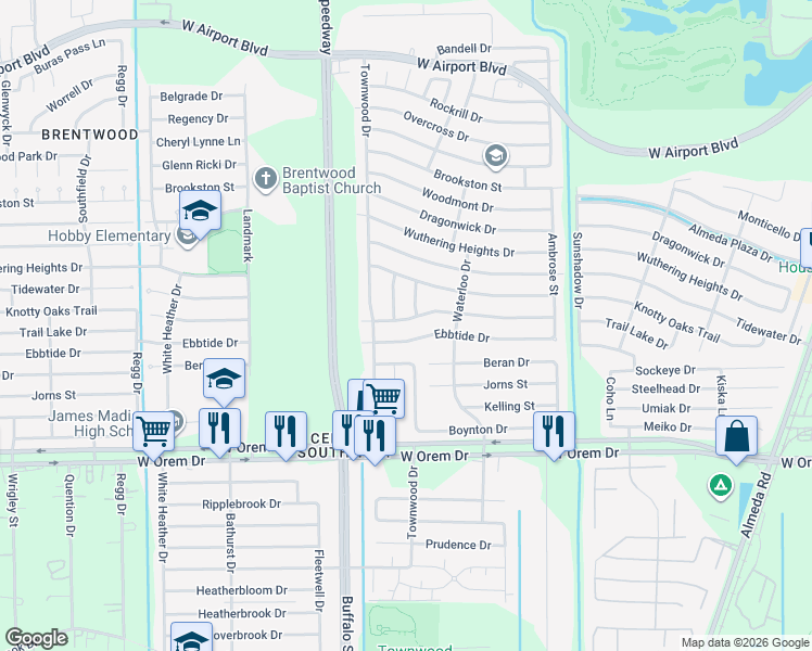 map of restaurants, bars, coffee shops, grocery stores, and more near 3411 Trail Lake Drive in Houston