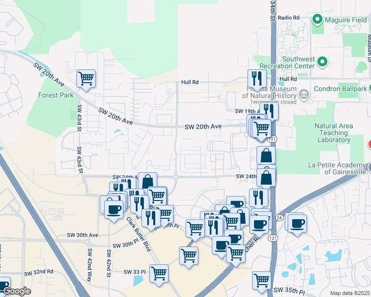 map of restaurants, bars, coffee shops, grocery stores, and more near 3804 Southwest 21st Lane in Gainesville