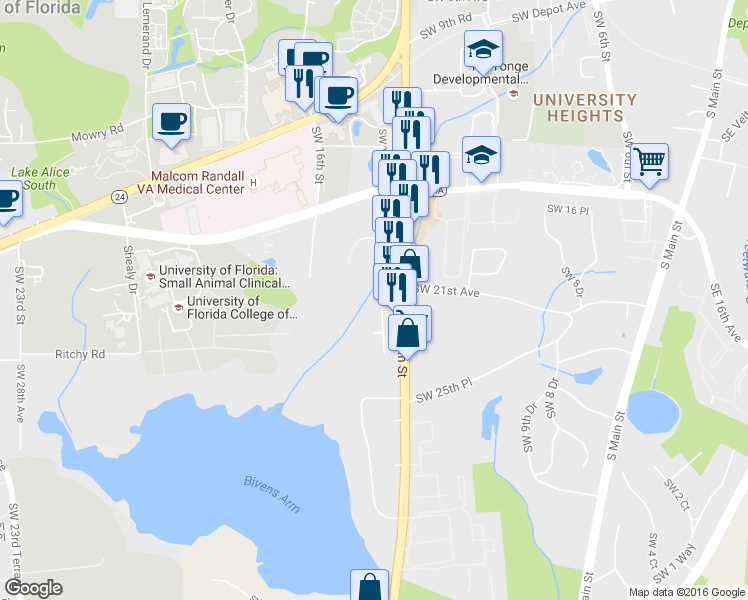map of restaurants, bars, coffee shops, grocery stores, and more near 2110 Southwest 14th Street in Gainesville