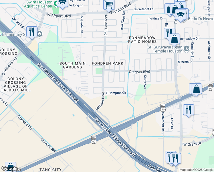 map of restaurants, bars, coffee shops, grocery stores, and more near 15342 East Hutchinson Circle in Houston