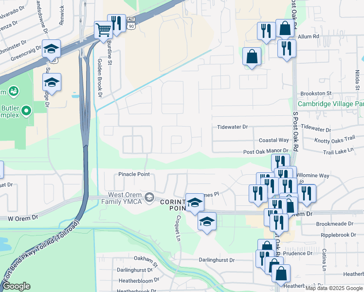map of restaurants, bars, coffee shops, grocery stores, and more near 6003 Maypine Lane in Houston