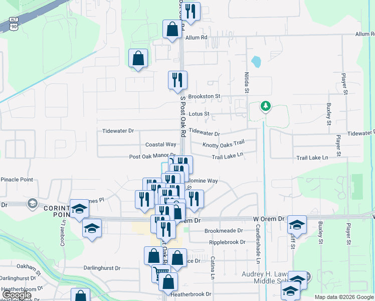 map of restaurants, bars, coffee shops, grocery stores, and more near 13410 Sunrose Ln in Houston